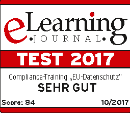Sie sehen die Auszeichnung des eLearning Journals, dass die Lernprogramme zur EU-Datenschutzgrundverordnung 2017 die Note „SEHR GUT“ erhalten haben.