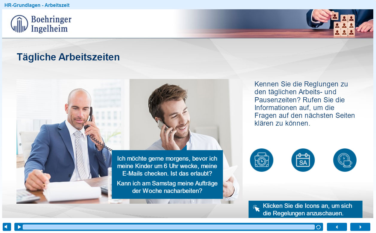 Sie sehen ein Beispiel-Screen aus dem digitalen Führungskräfte Onboarding von Boehringer Ingelheim, bei dem M.I.T durch die Erstellung der Lernprogramme unterstützt hat.